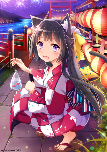 Anime picture 600x849 with original nyanya long hair tall image blush open mouth black hair purple eyes animal ears tail traditional clothes japanese clothes animal tail cat ears cat girl cat tail girl animal fish (fishes) yukata