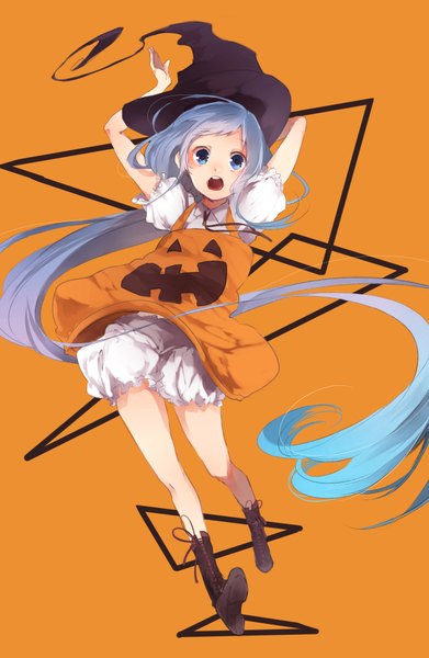 Anime picture 1251x1920 with kantai collection miwano rag single long hair tall image looking at viewer blush open mouth blue eyes blue hair purple hair multicolored hair two-tone hair short sleeves puffy sleeves arms behind head orange background girl hat boots