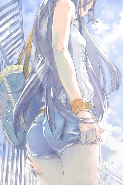 Anime picture 853x1280 with pomodorosa single long hair tall image light erotic standing bare shoulders blue hair looking away sky cloud (clouds) ass sunlight back hands behind back casual girl shorts bracelet short shorts