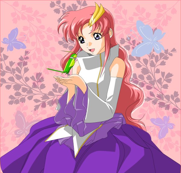 Anime picture 2512x2400 with mobile suit gundam gundam seed sunrise (studio) lacus clyne torii (gundam) long hair highres open mouth pink hair grey eyes pink background vector girl dress hair ornament plant (plants) detached sleeves animal hairclip bird (birds)