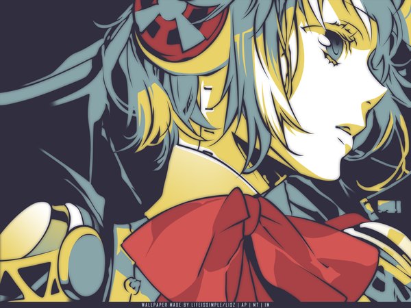 Anime picture 2048x1536 with persona 3 shin megami tensei persona aegis kazuaki highres short hair open mouth blue eyes blonde hair looking away profile wallpaper girl ribbon (ribbons) headphones bowtie