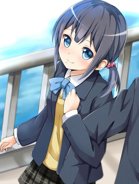 Anime picture 680x900 with kokoro connect silver link nagase iori ok-ray single tall image looking at viewer blush fringe short hair blue eyes black hair smile standing payot from above mole side ponytail holding hands mole under mouth