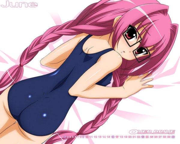 Anime picture 1280x1024 with di gi charat madhouse usada hikaru wave ride light erotic pink hair girl swimsuit glasses one-piece swimsuit school swimsuit calendar