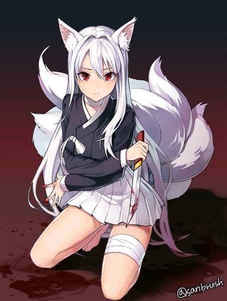 Anime picture 800x1060 with original kinchee single long hair tall image looking at viewer blush fringe simple background hair between eyes red eyes sitting holding signed animal ears full body bent knee (knees) white hair tail animal tail