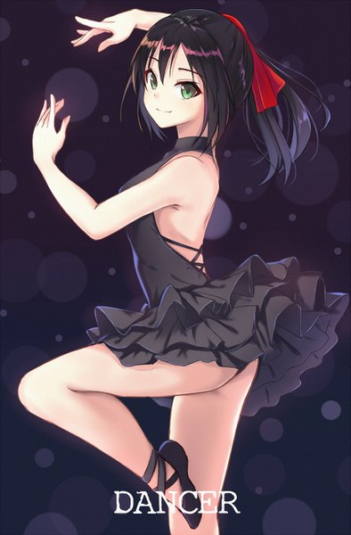 Anime picture 855x1300 with original itachi kanade single long hair tall image looking at viewer light erotic black hair smile standing bare shoulders green eyes ass ponytail arms up turning head standing on one leg dancing girl dress