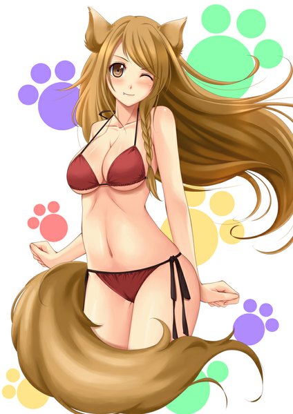 Anime picture 620x877 with original chiro (pixiv) single long hair tall image looking at viewer blush breasts light erotic brown hair brown eyes animal ears tail animal tail one eye closed wink girl navel swimsuit bikini