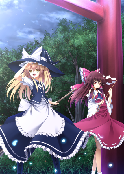 Anime picture 715x1000 with touhou hakurei reimu kirisame marisa 40cabbage long hair tall image open mouth blonde hair smile hair between eyes red eyes brown hair multiple girls yellow eyes looking away sky cloud (clouds) traditional clothes miko girl
