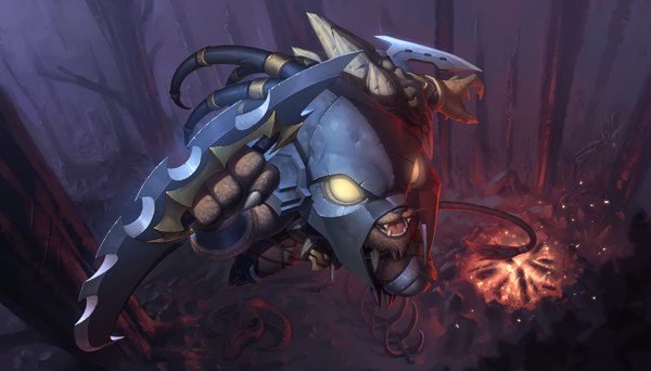 Anime picture 3507x2000 with league of legends rengar (league of legends) daye bie qia lian single looking at viewer highres smile wide image yellow eyes teeth jumping sharp teeth weapon plant (plants) animal tree (trees) forest helmet bonfire
