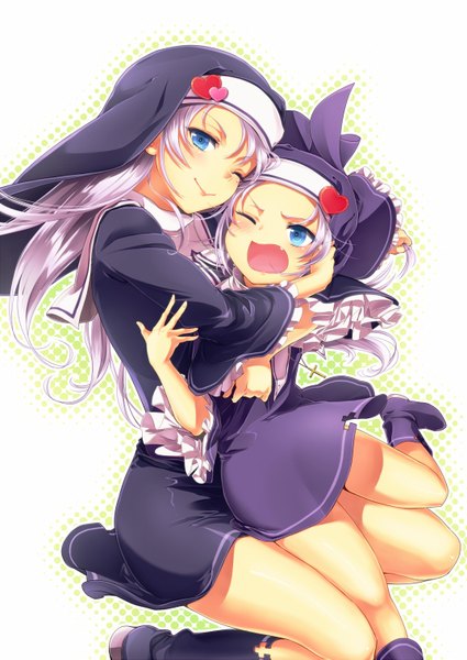 Anime picture 1074x1517 with boku wa tomodachi ga sukunai takayama maria takayama kate ndo2 long hair tall image blush open mouth blue eyes smile multiple girls silver hair one eye closed wink loli hug siblings sisters nun girl