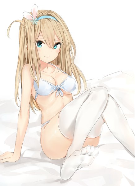 Anime picture 1850x2550 with girls frontline suomi kp31 (girls frontline) silver (chenwen) long hair tall image looking at viewer blush fringe highres light erotic blonde hair smile hair between eyes sitting bent knee (knees) aqua eyes arm support no shoes one side up soles