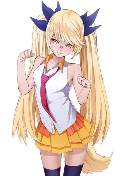 Anime picture 1000x1414 with show by rock!! studio bones retoree (show by rock!!) aizawa masaya single long hair tall image blush fringe simple background blonde hair standing white background twintails bare shoulders yellow eyes payot looking away tail head tilt
