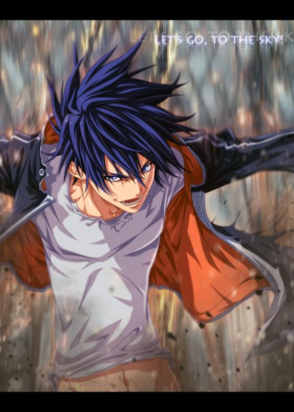 Anime picture 900x1258 with air gear toei animation minami itsuki tremblax single tall image short hair open mouth blue eyes smile blue hair inscription open clothes open jacket coloring letterboxed spread arms smirk boy navel