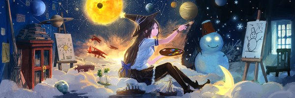 Anime picture 2000x667 with original you shimizu single long hair blue eyes black hair smile wide image sitting holding looking away cloud (clouds) full body bent knee (knees) outstretched arm glowing snow glowing eye (eyes) frilly skirt space