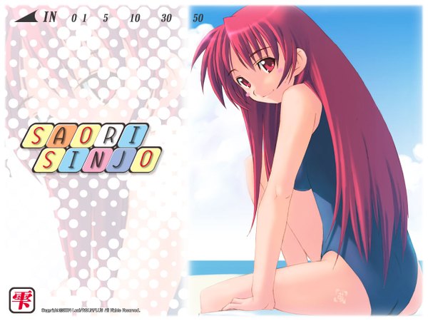 Anime picture 1280x960 with long hair blush fringe smile red eyes red hair looking back inscription girl swimsuit one-piece swimsuit school swimsuit