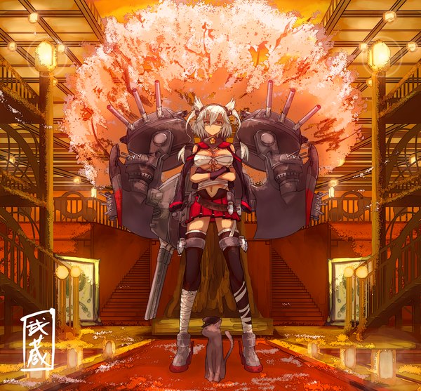 Anime picture 1260x1170 with kantai collection musashi super battleship arao single long hair looking at viewer breasts red eyes large breasts twintails full body white hair indoors crossed arms girl thighhighs skirt gloves navel weapon