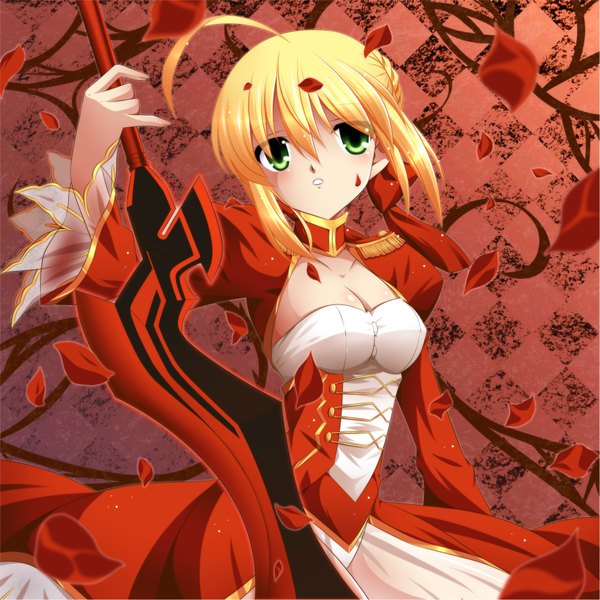 Anime picture 2001x2001 with fate (series) fate/extra type-moon nero claudius (fate) (all) nero claudius (fate) isa (ni-iro) single highres blonde hair green eyes ahoge underbust girl dress weapon petals sword