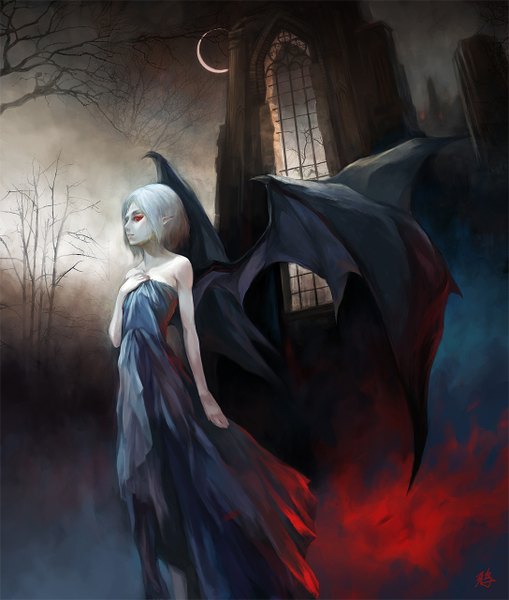 Anime picture 1087x1280 with touhou remilia scarlet crowdesu single tall image short hair red eyes bare shoulders sky cloud (clouds) white hair lips pointy ears night looking down pale skin bat wings vampire adult girl