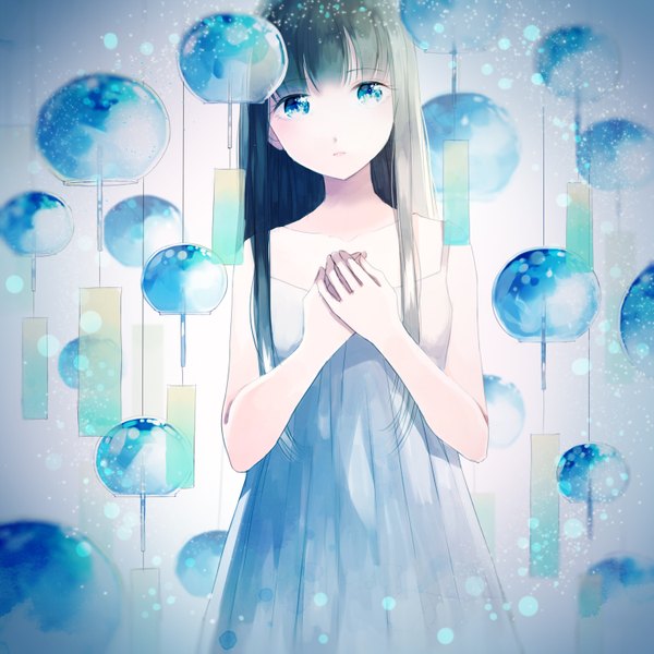 Anime picture 1500x1500 with original maayan single long hair looking at viewer fringe blue eyes brown hair hand on chest blue background girl dress sundress wind chime