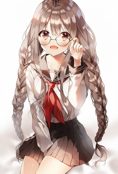Anime picture 796x1174 with original weri single long hair tall image looking at viewer blush fringe open mouth simple background smile hair between eyes brown hair white background sitting brown eyes payot braid (braids) :d pleated skirt