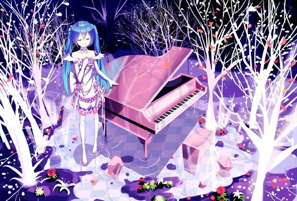 Anime picture 1000x678 with vocaloid hatsune miku siji (szh5522) single long hair twintails blue hair eyes closed girl thighhighs dress gloves flower (flowers) plant (plants) white thighhighs tree (trees) elbow gloves rose (roses) crown piano