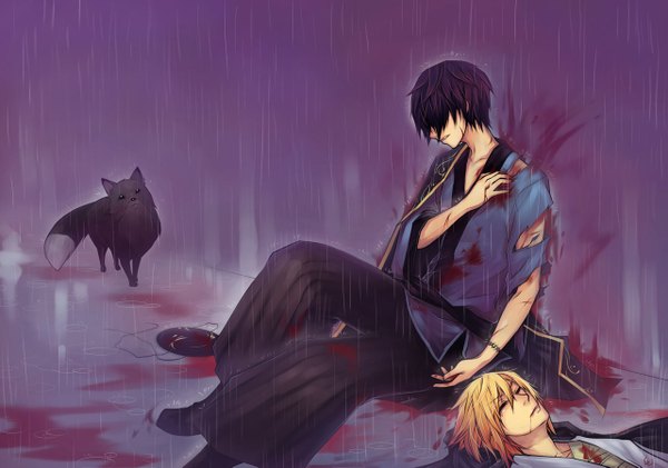 Anime picture 1280x899 with original unodu short hair blonde hair purple hair lying eyes closed torn clothes rain hair over eyes boy animal blood bandage (bandages) raccoon