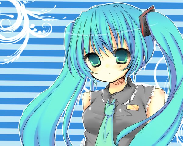 Anime picture 1280x1024 with vocaloid hatsune miku tagme (artist) single long hair looking at viewer fringe breasts twintails bare shoulders green eyes upper body aqua hair portrait striped background girl hair ornament necktie
