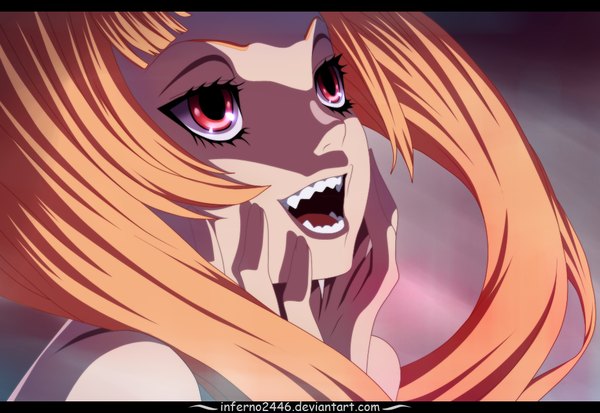 Anime picture 929x641 with defence devil (manga) brilhart inferno2446 single long hair open mouth blonde hair smile red eyes signed looking away close-up face hands on face girl