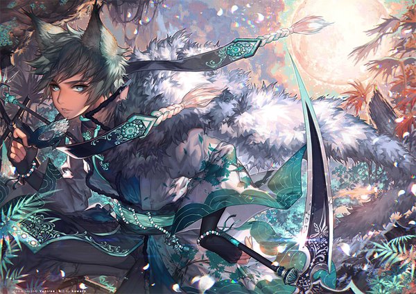 Anime picture 1024x724 with original kawacy single looking at viewer fringe short hair blue eyes animal ears bent knee (knees) traditional clothes parted lips japanese clothes wide sleeves lens flare wolf ears wolf boy boy gloves weapon plant (plants)