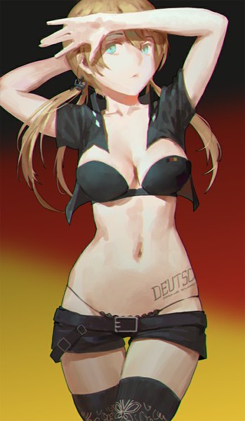 Anime picture 600x1031 with kantai collection prinz eugen (kantai collection) cancer (zjcconan) single long hair tall image looking at viewer breasts light erotic blonde hair twintails aqua eyes bare belly tattoo german girl thighhighs navel underwear panties