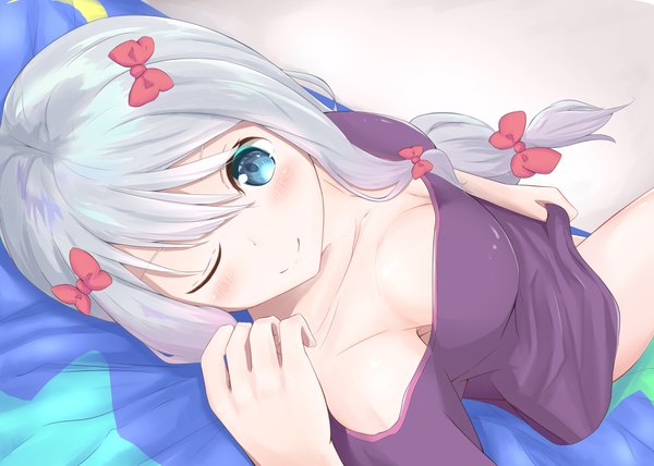 Anime picture 3624x2591 with eromanga sensei a-1 pictures izumi sagiri amakawa ruka single long hair looking at viewer blush fringe highres blue eyes light erotic smile hair between eyes absurdres silver hair lying one eye closed wink no bra