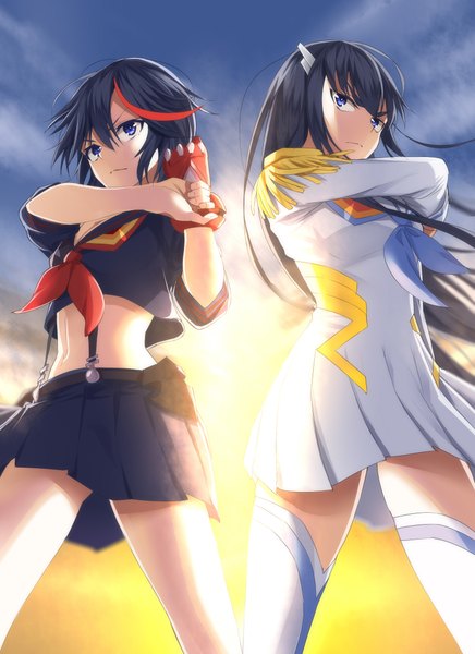 Anime picture 1600x2200 with kill la kill studio trigger matoi ryuuko kiryuuin satsuki heirou long hair tall image short hair blue eyes black hair multiple girls multicolored hair two-tone hair streaked hair girl thighhighs skirt gloves navel uniform