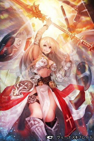 Anime picture 640x961 with venus blade yaoya musuko single long hair tall image breasts blue eyes blonde hair smile bare shoulders green eyes thighs heterochromia grin girl weapon earrings cross shield polearm
