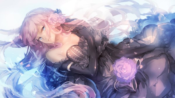 Anime picture 1280x720 with vocaloid megurine luka n hito single long hair looking at viewer fringe blue eyes wide image bare shoulders pink hair lying hair flower hand on chest girl dress gloves hair ornament flower (flowers) black gloves