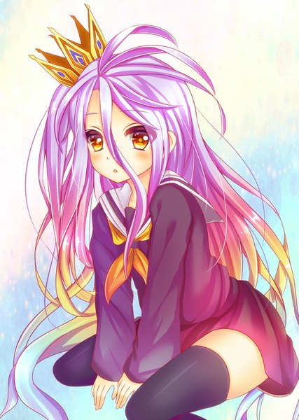 Anime picture 711x1000 with no game no life madhouse shiro (no game no life) saotome mirai (artist) single tall image looking at viewer blush simple background hair between eyes sitting purple hair very long hair multicolored hair one side up gradient hair girl thighhighs uniform black thighhighs