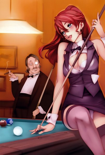 Anime picture 1200x1775 with nishieda long hair tall image blush short hair breasts open mouth light erotic brown hair large breasts sitting cleavage red hair indoors grey eyes legs happy smoke pantyshot sitting smoking