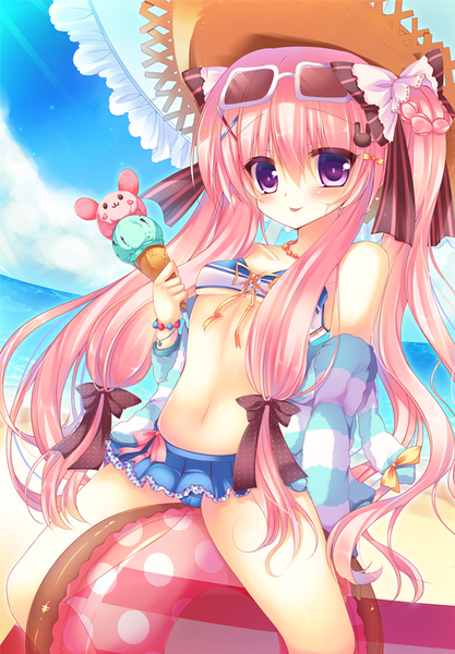 Anime picture 800x1150 with original moe2014 suzunone rena single long hair tall image looking at viewer blush light erotic twintails purple eyes bare shoulders pink hair beach girl navel hair ornament bow swimsuit hair bow