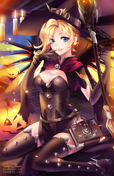 Anime picture 809x1250 with overwatch blizzard entertainment mercy (overwatch) witch mercy squchan single tall image looking at viewer blush short hair blue eyes light erotic blonde hair smile sitting signed cleavage lips alternate costume finger to mouth
