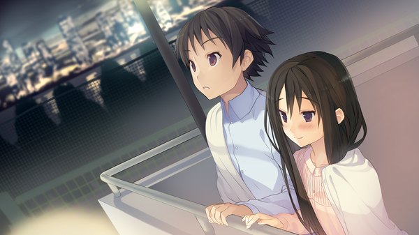 Anime picture 1280x720 with ima sugu onii-chan ni imouto da tte iitai! haida kimika akinashi yuu long hair blush short hair black hair wide image brown eyes game cg couple girl boy