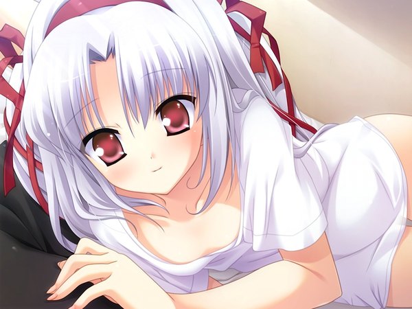 Anime picture 1024x768 with 11 eyes doga kobo momono shiori long hair red eyes game cg white hair loli girl