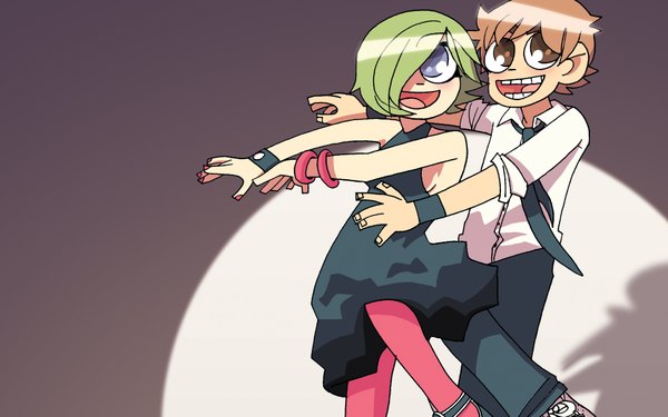 Anime picture 1920x1200 with scott pilgrim scott pilgrim (character) ramona flowers bryan lee o'malley fringe highres short hair open mouth blue eyes simple background brown hair wide image brown eyes green hair hair over one eye couple girl dress boy shirt