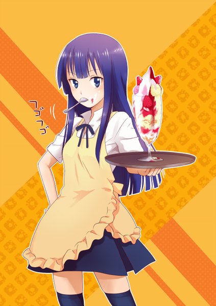 Anime picture 1068x1514 with working!! a-1 pictures yamada aoi bebeko (artist) long hair tall image looking at viewer blue eyes standing purple hair mouth hold waitress girl thighhighs skirt black thighhighs miniskirt food sweets apron
