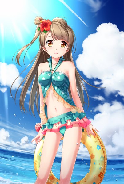 Anime picture 1125x1674 with love live! school idol project sunrise (studio) love live! minami kotori tucana single long hair tall image looking at viewer light erotic brown hair brown eyes sky cloud (clouds) hair flower one side up girl navel hair ornament flower (flowers)