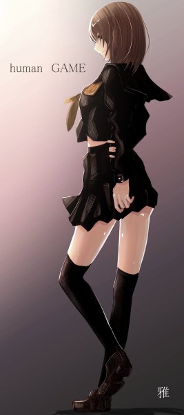 Anime picture 534x1200 with original savan single tall image fringe short hair simple background smile brown hair standing looking away full body bent knee (knees) profile gradient background girl thighhighs skirt uniform black thighhighs