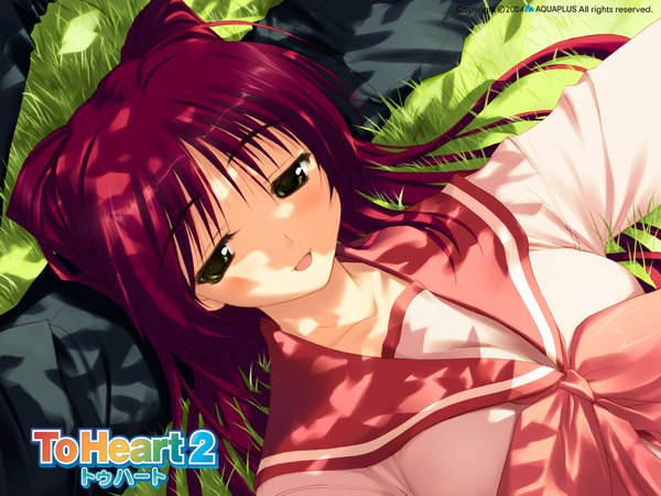 Anime picture 1024x768 with to heart 2 leaf (studio) kousaka tamaki red hair lying from behind couple uniform plant (plants) school uniform grass