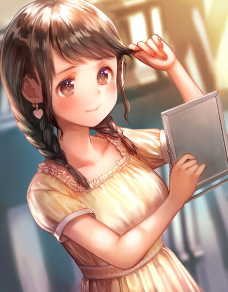 Anime picture 725x925 with original nishizawa single long hair tall image blush fringe brown hair holding brown eyes payot looking away braid (braids) arm up fingernails light smile blurry short sleeves dutch angle depth of field