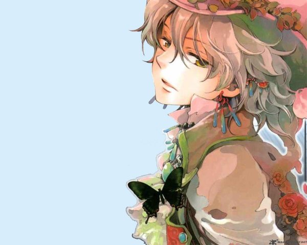Anime picture 1280x1024 with angels doubt single simple background brown hair yellow eyes blue background boy flower (flowers) hat earrings insect butterfly neckerchief