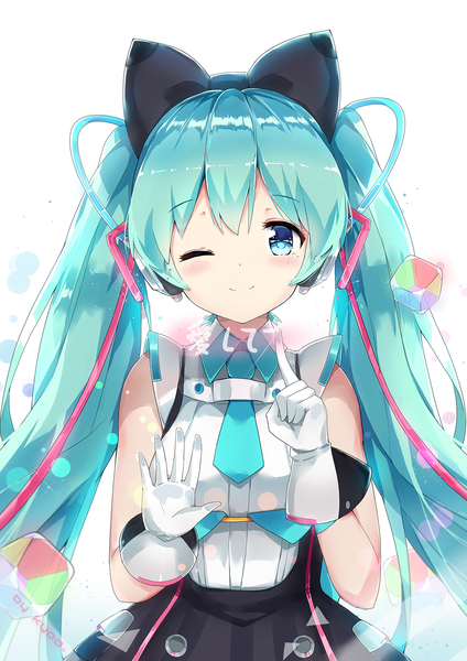 Anime picture 1442x2039 with vocaloid magical mirai (vocaloid) hatsune miku magical mirai miku magical mirai miku (2016) asahi kuroi single long hair tall image blush fringe blue eyes smile hair between eyes twintails bare shoulders signed one eye closed aqua hair inscription