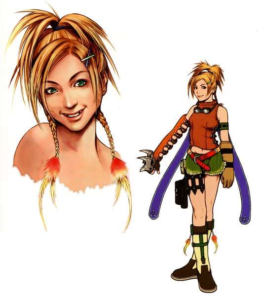 Anime picture 4024x4617 with final fantasy x rikku tagme (artist) long hair tall image looking at viewer highres simple background blonde hair smile standing white background bare shoulders green eyes absurdres braid (braids) scan dual persona girl gloves