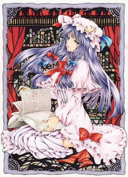 Anime picture 652x900 with touhou patchouli knowledge olmatown single long hair tall image fringe blue eyes sitting purple hair wariza framed girl bow hair bow frills book (books) bonnet moon (symbol)