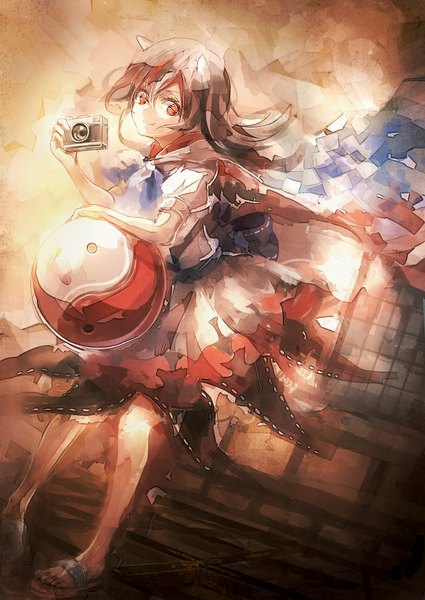Anime picture 700x989 with touhou kijin seija 60mai long hair tall image looking at viewer black hair smile red eyes holding red hair multicolored hair horn (horns) bare legs short sleeves legs girl skirt toes camera